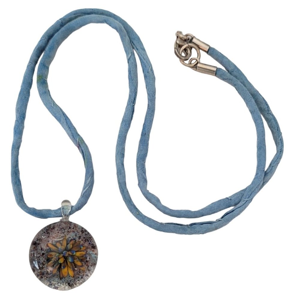 Sterling Silver Round Art Glass Flower Pendant Silk Cord Necklace, 21" Long E498